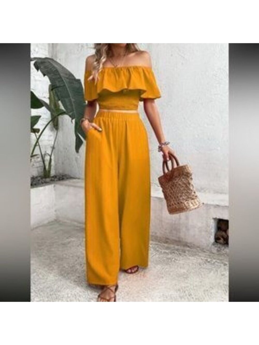 Boho off shoulder crop top and wide leg pants